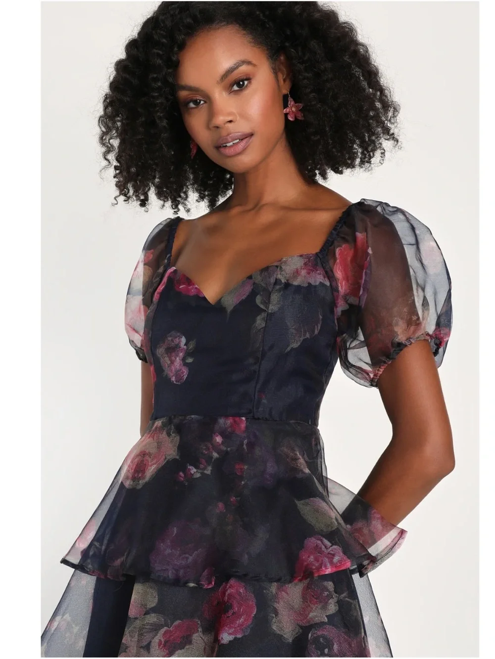 NWT Lulu’s Oh-So Stunning Navy Blue Floral Organza Tiered Midi Dress Medium - Picture 3 of 3